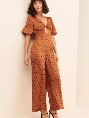 MINKPINK Polka Dot Twist-Front Wide-Leg Jumpsuit - RUST/Black